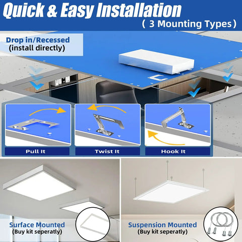 Installation methods for Set Of Four 2x2 LED Flat Panel Lights For Office Ceiling, 45W 5800 LM, showing mounting options.