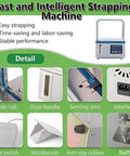 Compact Semi-Automatic Strapping Machine For Tabletop Use In Supermarkets with detail images of components like guide rail and foot switch.