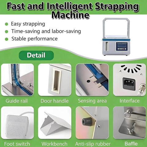 Compact Semi-Automatic Strapping Machine For Tabletop Use In Supermarkets with detail images of components like guide rail and foot switch.