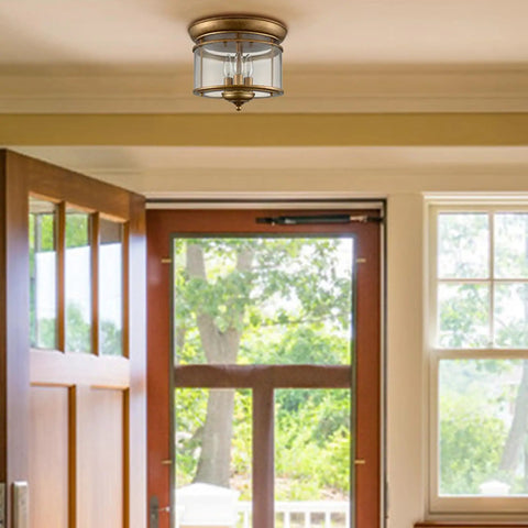 Rustic Gold 3-Light Flush Mount Ceiling Light With Clear Glass Shade, Antiqued Brass Finish in hallway interior