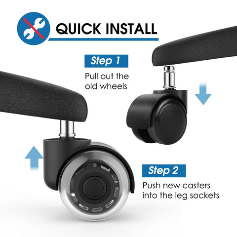 MaxGear 2-inch replacement office chair casters, black soft-mute wheels with metal stems, set of 5 with quick-install steps