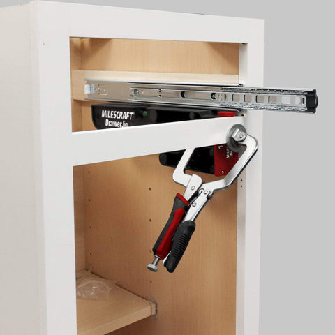 Drawer Installation Jig Reversible With Built In Level And Non Marring Rubber For Cabinet Protection Works On Framed And Frameless Cabinets With Alignment Fences And Large Clamping Area Note Cabinets Must Be At Least 15 Inches Deep in use on white cabinet