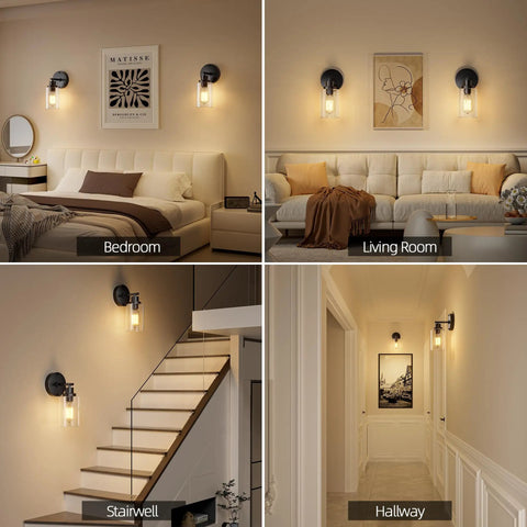 One Light Matte Black Bathroom Wall Sconce With Clear Glass Shade And E26 Base Modern Vanity Light Fixture in various rooms.