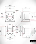 Aluminum Nema-23 motor mounting bracket diagram with screw holes; front and side views for 57mm stepper motor