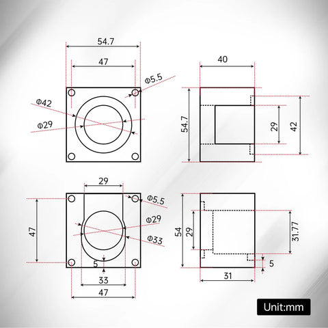 Aluminum Nema-23 motor mounting bracket diagram with screw holes; front and side views for 57mm stepper motor