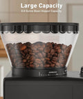 Game Changing Stainless Steel Conical Burr Coffee Grinder With Thirty Five Quick Grind Settings And One Touch Switch hands you fresh ground beans fast. 8.8oz hopper filled with roasted coffee beans.