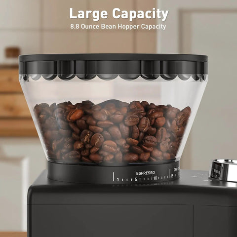 Game Changing Stainless Steel Conical Burr Coffee Grinder With Thirty Five Quick Grind Settings And One Touch Switch hands you fresh ground beans fast. 8.8oz hopper filled with roasted coffee beans.