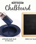 Rust-Oleum chalkboard paint showing dark blue in can, dries flat black on board, Go To Brush On Chalkboard Paint For Interior Use Oil Based Black 30 Oz Delivers A Smooth Chalkboard Surface On Wood Metal Masonry Drywall Plaster Glass Concrete Paperboard Hardboard Covers Up To 120 Sq Ft.