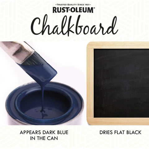 Rust-Oleum chalkboard paint showing dark blue in can, dries flat black on board, Go To Brush On Chalkboard Paint For Interior Use Oil Based Black 30 Oz Delivers A Smooth Chalkboard Surface On Wood Metal Masonry Drywall Plaster Glass Concrete Paperboard Hardboard Covers Up To 120 Sq Ft.
