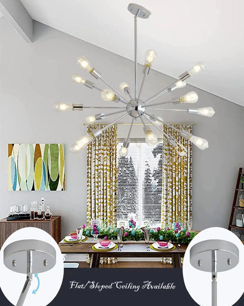 Sputnik Chandelier Light Fixture With Chrome Finish Dope Modern Mid Century Ceiling Lamp With Multiple Aluminum Arms 12 To 18 Light Bulbs Dramatic Ambient Lighting For Living Room Dining Area Or Kitchen Island in dining room setting
