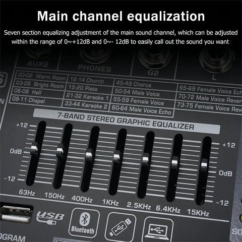 7-band EQ controls on 16 Channel DJ Mixer With 99 DSP Effects, 48V Phantom Power, Bluetooth And USB Recording.