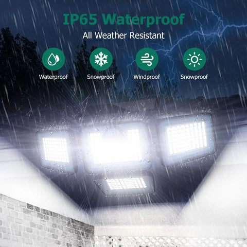 Game Changer 6000 Lumen Solar Outdoor Lights Four Head Motion Sensor Three Mode Operation IP65 Weatherproof Security Flood Remote Control Badass Yard And Backyard Illumination Two Pack Bundle