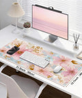 Pastel Pink Blue Floral Watercolor Desk Pad For Keyboard And Mouse Extended 31.5 Inch Wide Desk Mat With Non Slip Base Waterproof PU