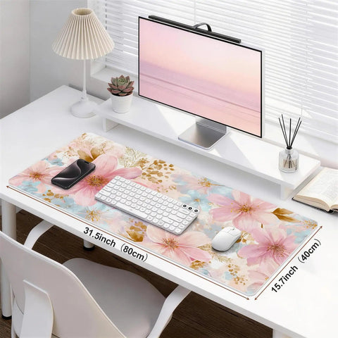 Pastel Pink Blue Floral Watercolor Desk Pad For Keyboard And Mouse Extended 31.5 Inch Wide Desk Mat With Non Slip Base Waterproof PU