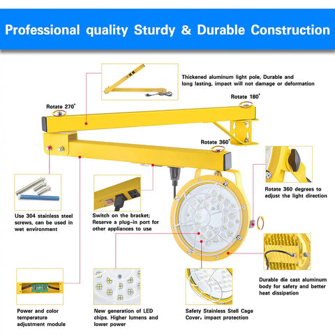 Tough As Nails 30W LED Loading Dock Light With 43 Inch Swivel Arm showcasing durable aluminum design, adjustable angles, and safety features.