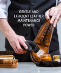 Man using Advanced Electric Shoe Cleaner And High Torque Polisher Brush on polished leather shoe for maintenance.