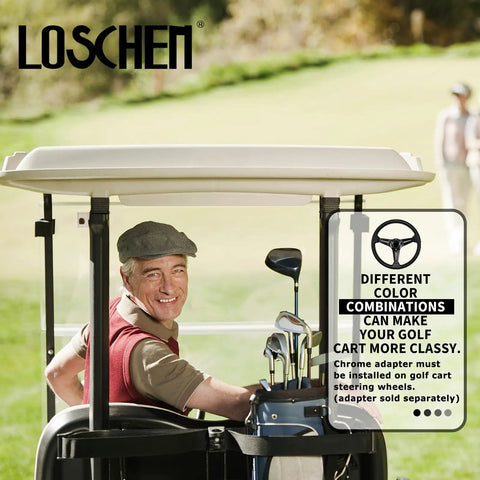 Sharp Universal Golf Cart Steering Wheel With Slick Beefy Grip And Crisp Black Center Stripe For Club Car Ds Precedent Ezgo Rvx Txt Yamaha Requires Chrome Adapter For Quick Install in a golf cart with a smiling man.