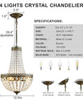 4 Light French Empire Mini Crystal Chandelier With Antique Brass Finish, features and specifications detailed in image