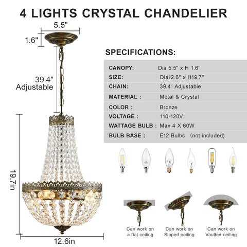 4 Light French Empire Mini Crystal Chandelier With Antique Brass Finish, features and specifications detailed in image