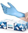 No Sweat Blue Nitrile Gloves Medium 100 Count Built Tough At Three Mil Thick Powder Free Latex Free with textured grip being worn.