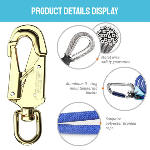 Half Inch Steel Core Tree Climbing Kit With Eight Foot Flip Line, showing steel core lanyard detail and metal fasteners.