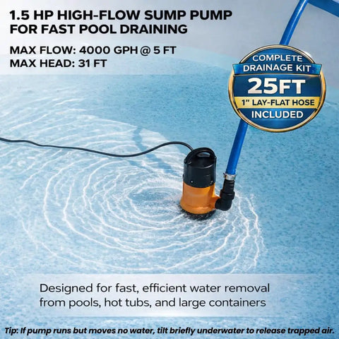 Powerful Submersible Water Pump With 25 Ft Hose Kit And 25 Ft Power Cord One And A Half HP 4000 GPH in pool