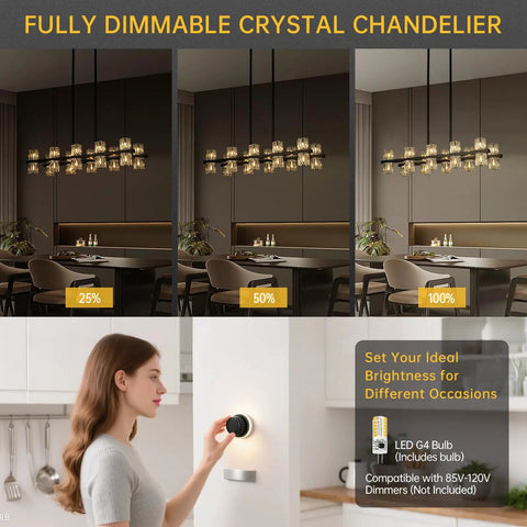 Fully dimmable crystal chandelier, brightness adjustments, dining room setting.