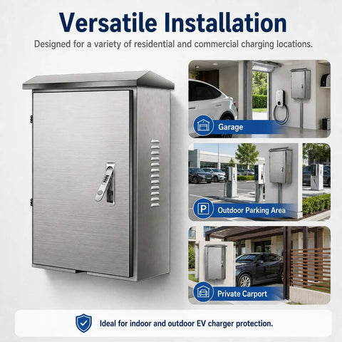 Lockable EV Charger Box Featuring 304 Stainless Steel For All Weather Outdoor Protection And Secure Electric Vehicle Charging With A Knockout Brushed Finish Built Tough For Home Or Office Setups in garage installation.