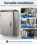 Kickass 304 Stainless Steel Outdoor EV Charger Box With Lockable Weatherproof Shield designed for versatile installation in various locations.