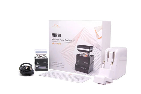 Ultra Compact Mini Hot Plate Soldering Preheater With OLED Display, 60W Power, box and accessories, on white background
