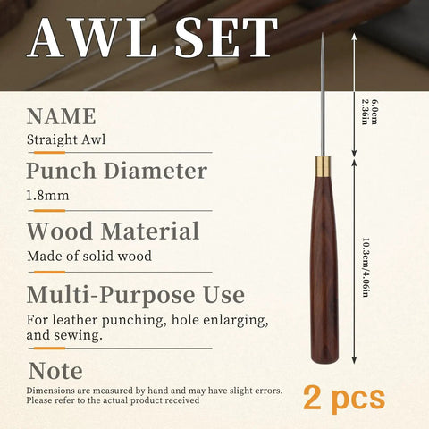 Heavy Duty 2 Pack Scratch Awl Tool Kit Rock Solid Leather Sewing Punch Set No Sweat Hole Piercer for upholstery repair, solid wood tools.