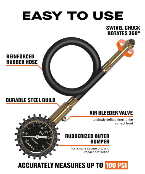 Vondior tire pressure gauge with brass chuck and reinforced rubber hose; measures up to 100 PSI.