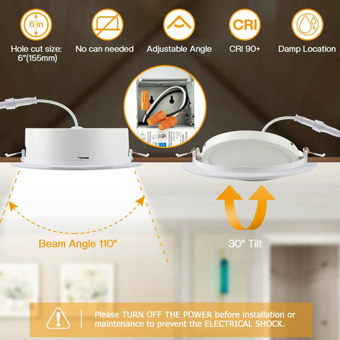 Six Inch LED Recessed Lighting Kit With Junction Box Gimbal Downlights 5CCT, adjustable angle and tilt, beam angle 110 degrees