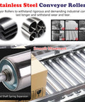 Set Of 10 Heavy Duty Industrial Conveyor Belt Rollers Replacement For Smooth Movement With 1 Inch 1.5 Inch And 2 Inch Diameters Universal Gravity Transmission Fits Various Conveyor Setups For Factory Use, showing stainless steel rollers on industrial conveyor.