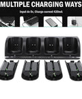4 In 1 Remote Charger Dock With Four 2800mAh Rechargeable Batteries Simultaneous Charging Station For Game Remotes Replacement For Controllers USB Powered Dock Black shown with multiple charging options