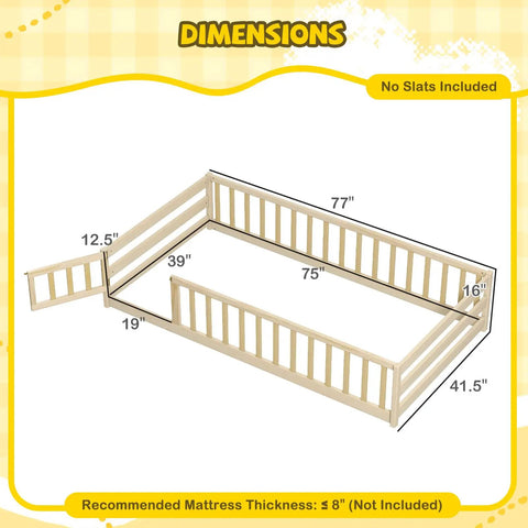 Dimensions of the Totally Kid Approved Wooden Floor Bed With Secure Lockable Door And Heavy Duty Guardrails for toddlers.