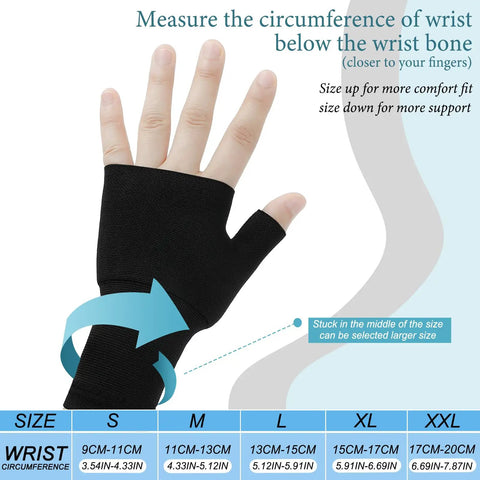 Four Pack Palm Brace Wrist Support Sleeves For Men And Women, black sleeve size guidance with hand image, 3.5 to 4.3 inches