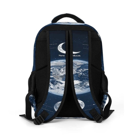 Back view of Moon Phases Space Astronomy Backpack Dope Printed Unisex Daypack with crescent moon design on durable straps.