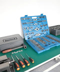 Heavy Duty Metric Tap and Die Set M2 to M18 With Case and Full Accessories displayed on workbench, showing 45 steel construction
