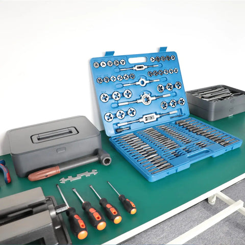 Heavy Duty Metric Tap and Die Set M2 to M18 With Case and Full Accessories displayed on workbench, showing 45 steel construction