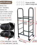 Street Ready Heavy Duty Tire Rack For Your Local Garage Floor Standing Dual Tier Wheel Storage Cart Adjustable Height Steel Frame Swaps Rims Quick Without The Fuss In Black, showcasing specifications and tire slots.