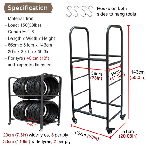 Street Ready Heavy Duty Tire Rack For Your Local Garage Floor Standing Dual Tier Wheel Storage Cart Adjustable Height Steel Frame Swaps Rims Quick Without The Fuss In Black, showcasing specifications and tire slots.