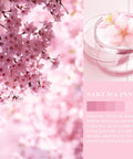 Sakura flowers in bloom next to a glass dish with a single sakura flower, showcasing various sakura pink shades.