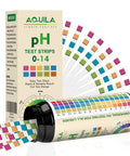 All In One pH Test Strips Kit 0-14 With 150 Strips For Drinking Water, Pools, Spa, Aquariums, Soil, Hydroponics And More Litmus Paper pH Tester For Wine, Kombucha, Urine, Saliva, Soap Making, Skincare with packaging and fanned strips showing color chart