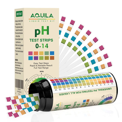 All In One pH Test Strips Kit 0-14 With 150 Strips For Drinking Water, Pools, Spa, Aquariums, Soil, Hydroponics And More Litmus Paper pH Tester For Wine, Kombucha, Urine, Saliva, Soap Making, Skincare with packaging and fanned strips showing color chart