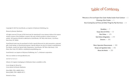 Table of contents for Real Deal Set And Forget Slow Cooker Cookbook detailing recipes and sections.