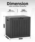 35 Gallon Outdoor Storage Box For Deck, Garden, And Patio, Lockable Weatherproof Resin Storage Chest with dimensions and capacity details.