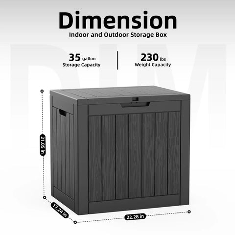 35 Gallon Outdoor Storage Box For Deck, Garden, And Patio, Lockable Weatherproof Resin Storage Chest with dimensions and capacity details.