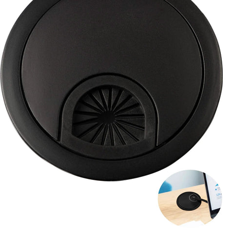 Zinc Alloy Desk Grommet For Wire Organization And Cable Management, black 53mm hole cover, shown in close-up view and installed on desk