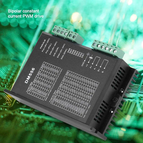 DM556 Two Phase Stepper Motor Driver for 24V to 50V DC, 1.0 to 5.6A Bipolar PWM Control, angled view on green circuit board